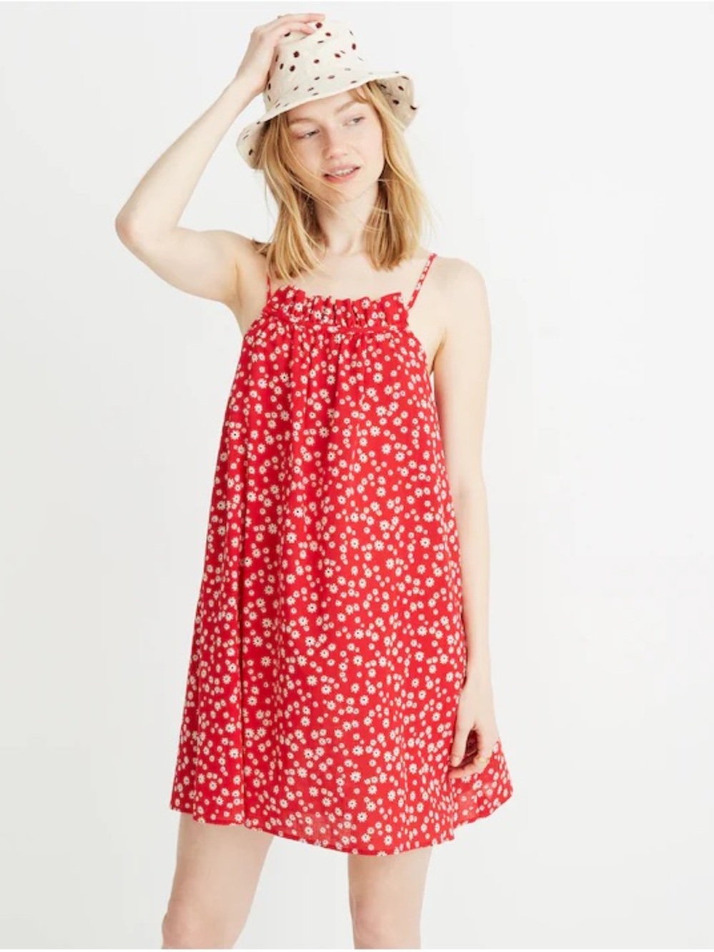 Madewell Cotton Ruffle Neck Cover Up Mini Dress | Daisy Print Lipstick Red | S